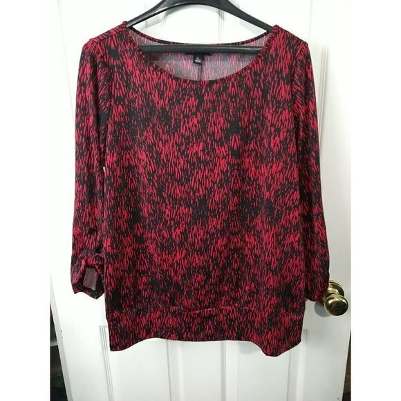 $ AB Studio Red Black Round Neck 3/4 Tab Sleeves Blouse Size XL - Picture 1 of 10